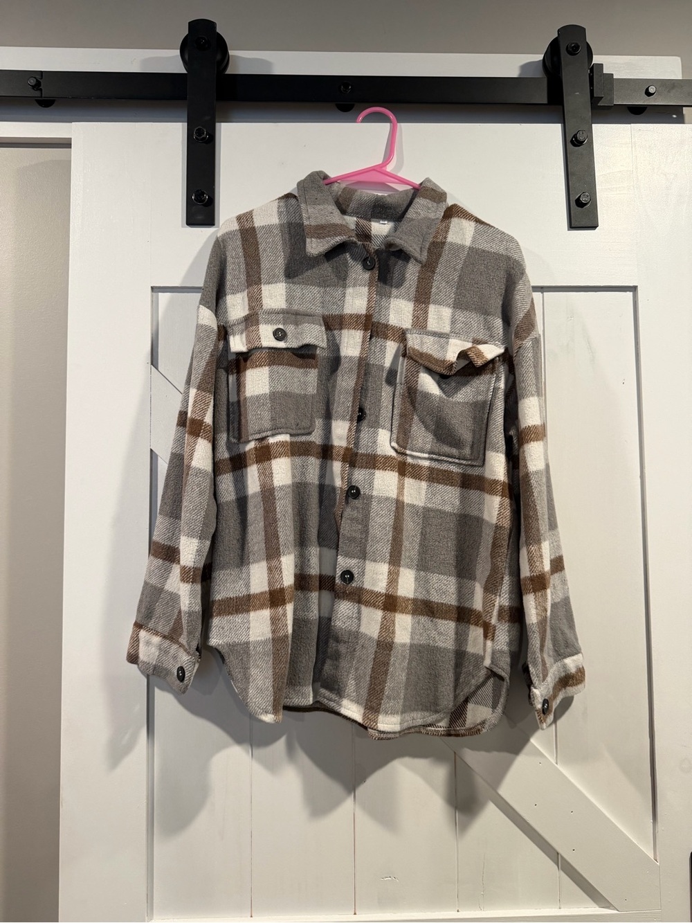 Plaid Button-Up Shacket in Gray, White & Brown
